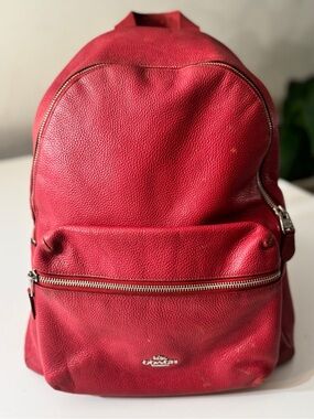 Coach Large Red Pebbled Leather Zip-Front Backpack